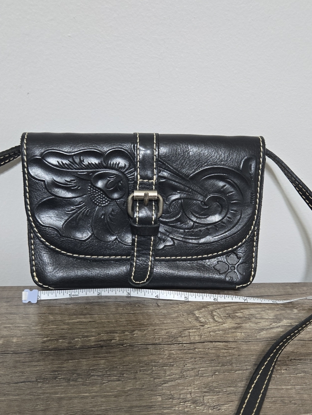 Patricia NASH Black Floral Tooled Leather Crossbody Bag